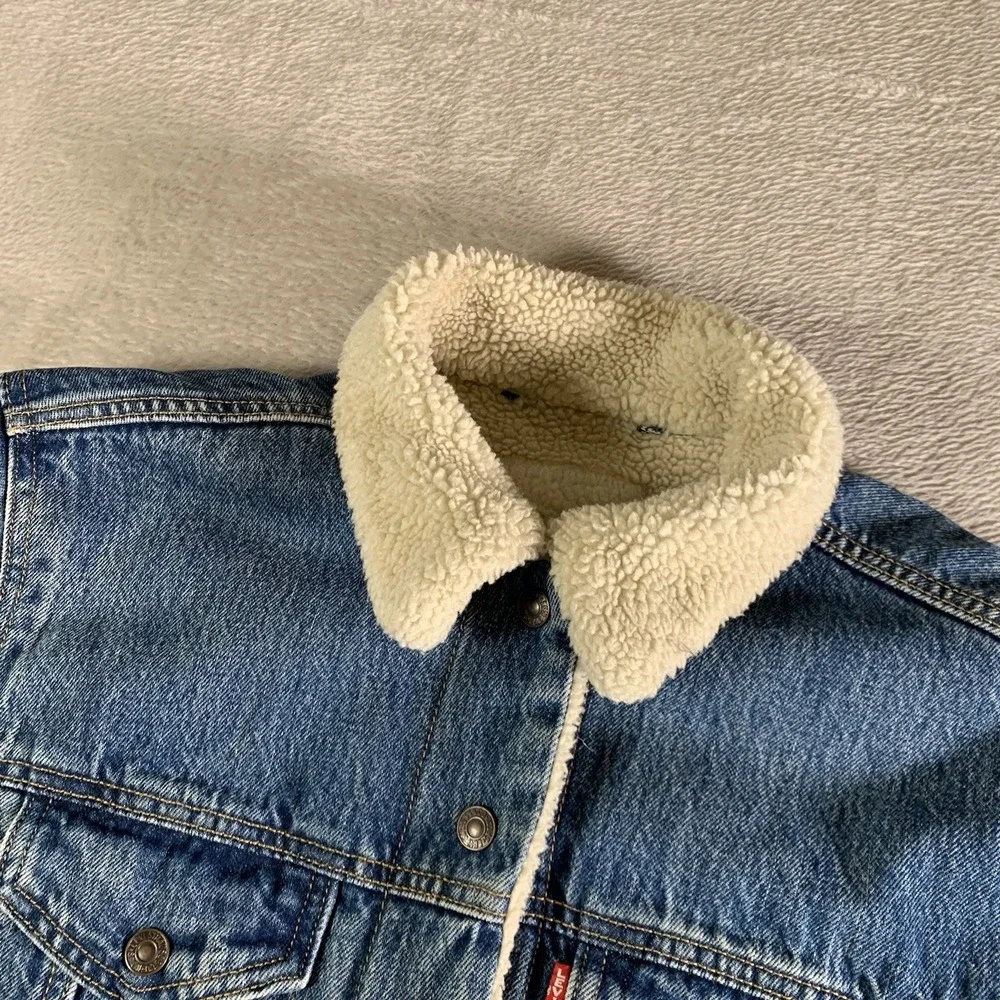 Levis‎ Denim Jacket Premium Mens Small Blue Denim Sherpa Lined Snap Button Big E